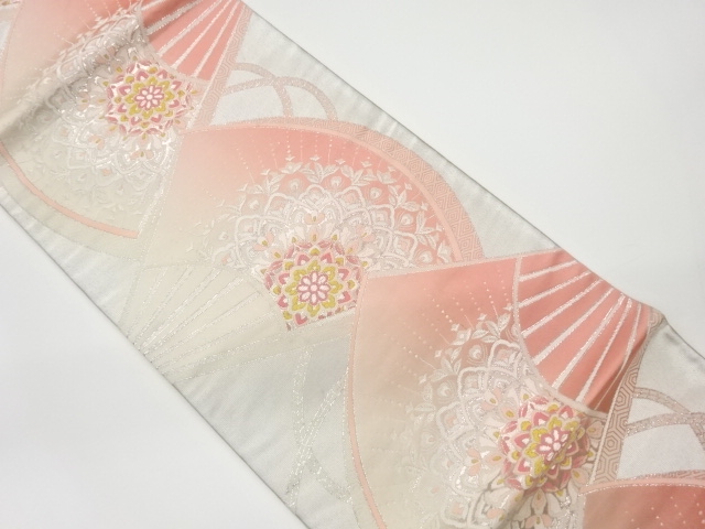 JAPANESE KIMONO / VINTAGE FUKURO OBI / WOVEN FLOWER CREST & FOLDING FAN PATTERN
